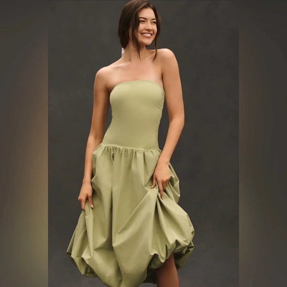 NWT! Anthro Sage Green Mare Mare Strapless Drop-Waist Bubble Midi Dress 🔴🐚🖼️ - Picture 1 of 11